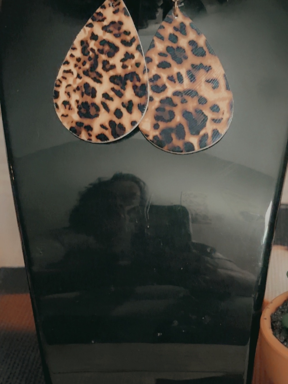Leopard Print Teardrop Earrings - Brown & Black - Picture 3 of 5